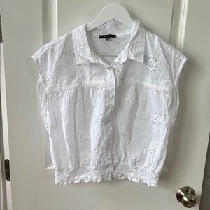 Adrianna Papell 100% Cotton White Eyelet Boho Ruched Waist Button Shirt, Sz M